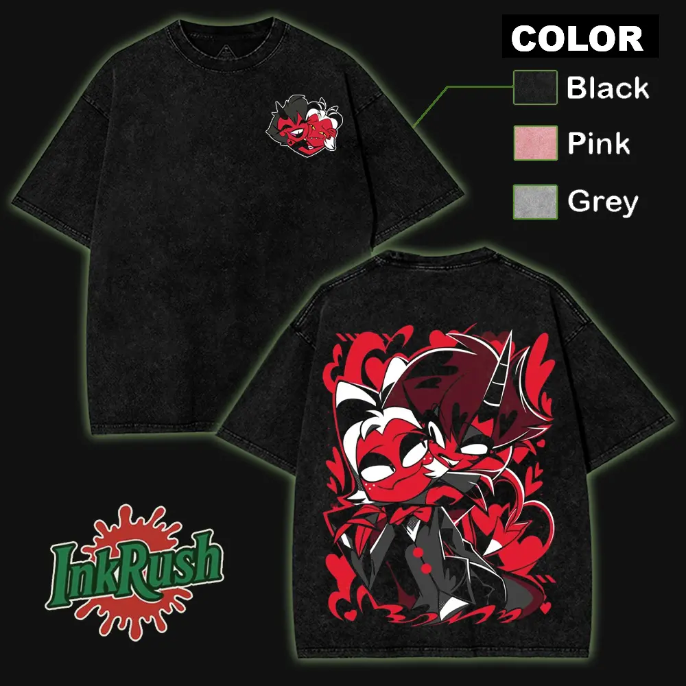 Millie x Moxxie- Helluva Boss , Hazbin Hotel Wash T-Shirt,Hazbin Washed Shirt, Comic Shirt, TV Show Shirt graphic tees Menswear Top Cotton Fabric lover streetwear