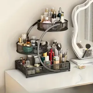 No-Assembly Spiral Metal Makeup Organizer 3-Tier Varnished Bronze Countertop Shelf with Mesh Baskets Space-Saving Freestanding Bathroom Vanity Storage for Lipstick Skincare Brushes & Bottles Compact Vertical Design