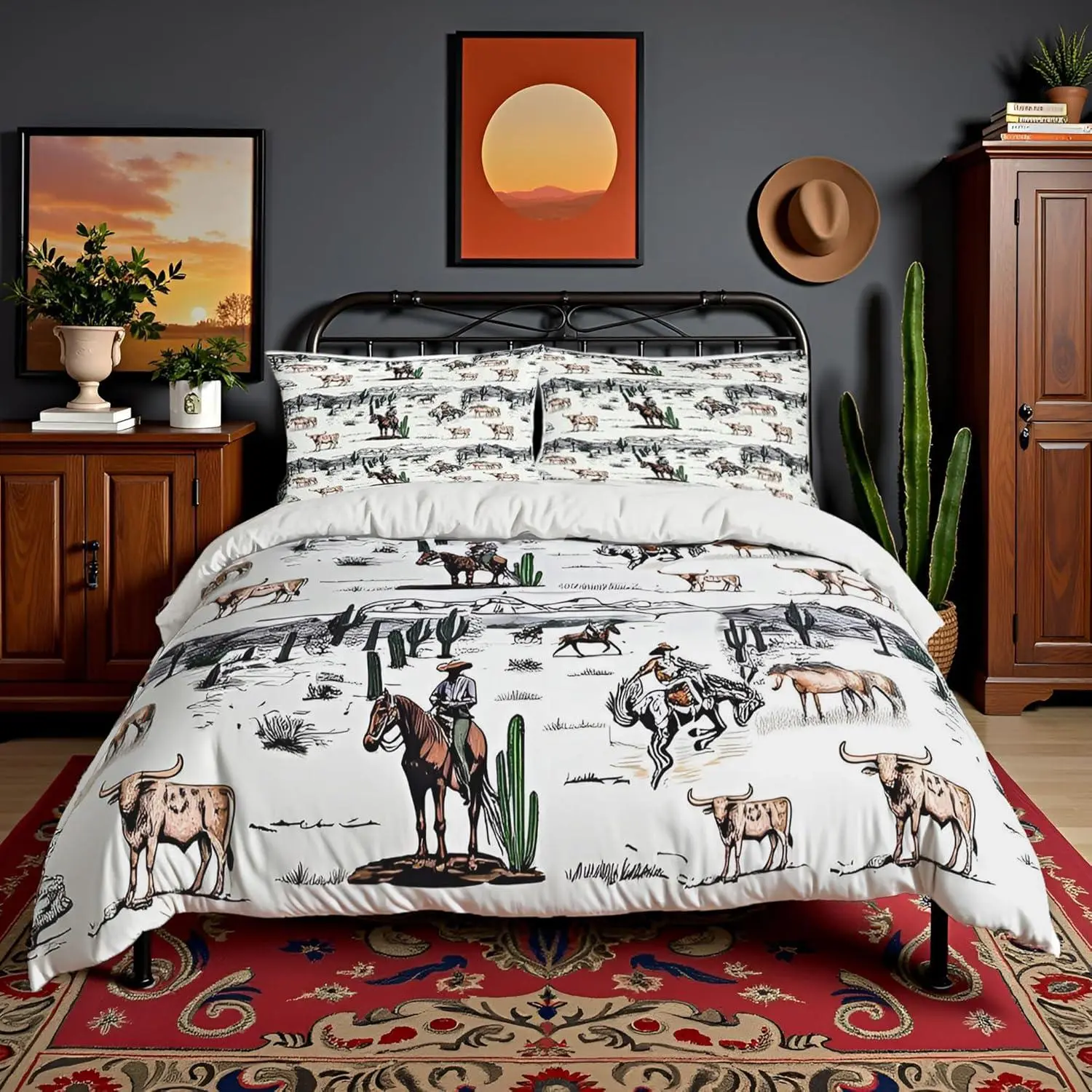 Western Cowboy Duvet Cover,Vintage Southwest Comforter Cover Desert Cactus Cow Horse Animal Bedding Set for Kids Boys Girls Room Decor,Grey Brown Quilt Cover （No Comforter