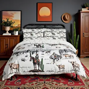 Western Cowboy Duvet Cover,Vintage Southwest Comforter Cover Desert Cactus Cow Horse Animal Bedding Set for Kids Boys Girls Room Decor,Grey Brown Quilt Cover （No Comforter,summervibes