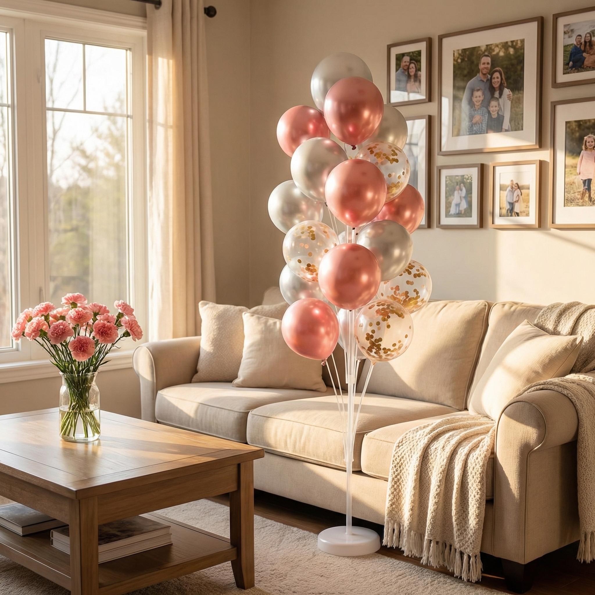 High-top balloon stand set with water-filled base (includes 24 balloons). Featuring large reusable plastic column bases, it is ideal for decorations at weddings, New Year celebrations, Valentine's Day parties and balloon arch arrangements., One Balloon St