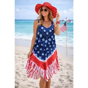 Patriotic Silver Glitter Star Tie Dye Sleeveless Midi Dress Cover Up