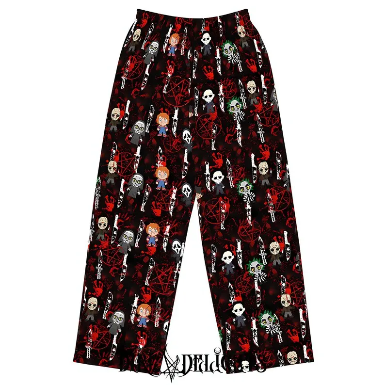 Chibi Horror Killers Inspired Pajama Pants – Unisex Oversized Goth Lounge Pants, Gothic Sleepwear, Witchy Halloween PJs Bottoms, Dark Horror Graphic Homewear