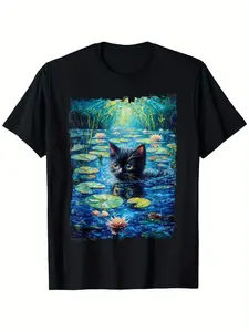 Monet’s Black Cat & Water Lilies Graphic T-Shirt – Unisex Casual Cotton Tee, Relaxed Fit, Machine Washable, S-4XL, 100% Cotton, Crew Neck, Serene Pond Scene with Pink for Lotus Blooms, Artist Tshirt Fabric Menswear