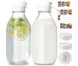 2 Pack Glass Milk Bottle with 2 Dispenser Caps, 100% Airtight Heavy Duty Screw Lid. 32 Oz Reusable Glass Water Jug with 3 Lids! Breast Milk Pitcher, Buttermilk, Nut, Juice, Syrup, Coffee Creamer