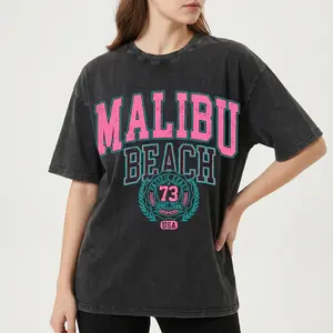 Womens Mens Malibu Beach Letter Print Graphic Tshirt Acid Wash Heavyweight Cotton Casual Oversized Crewneck Streetwear Tops Comfortable Clothes Summervibes Fashion Tees