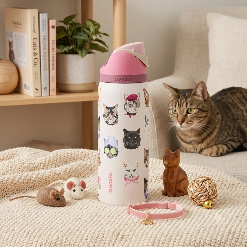Owala FreeSip 32oz Triple-Wall Sport Hydrator, Special Rare Edition Cat Collage Cute Whimsical Cat Motif Sketch Print Stainless Steel Gym Bottle