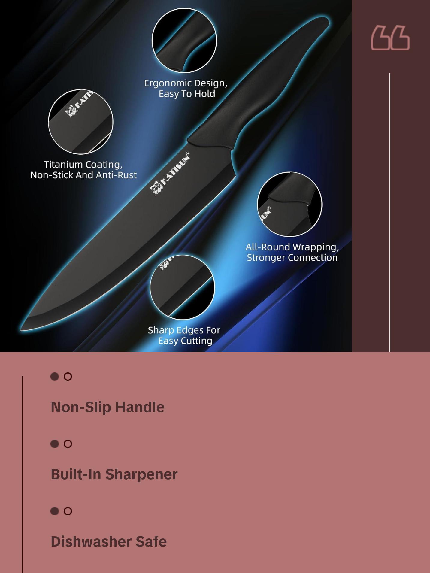 16 Pieces Kitchen Knife Block Set with Cutting Board, German Premium Quality Stainless Steel, Built-in sharpener, Dishwasher Safe, 6 Steak Knives, Anti-slip handle, Black Kitchen Knives Plastic Wooden