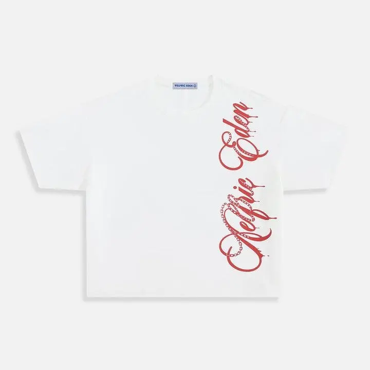 Aelfric Eden Red Gothic Script Boxy Tee Vertical Side Script Print Detail Y2K Vintage Streetwear Unisex Top Aelfric Eden Red Gothic Script Boxy Tee Vertical Side Script Print Detail Y2K Vintage Streetwear Unisex Top