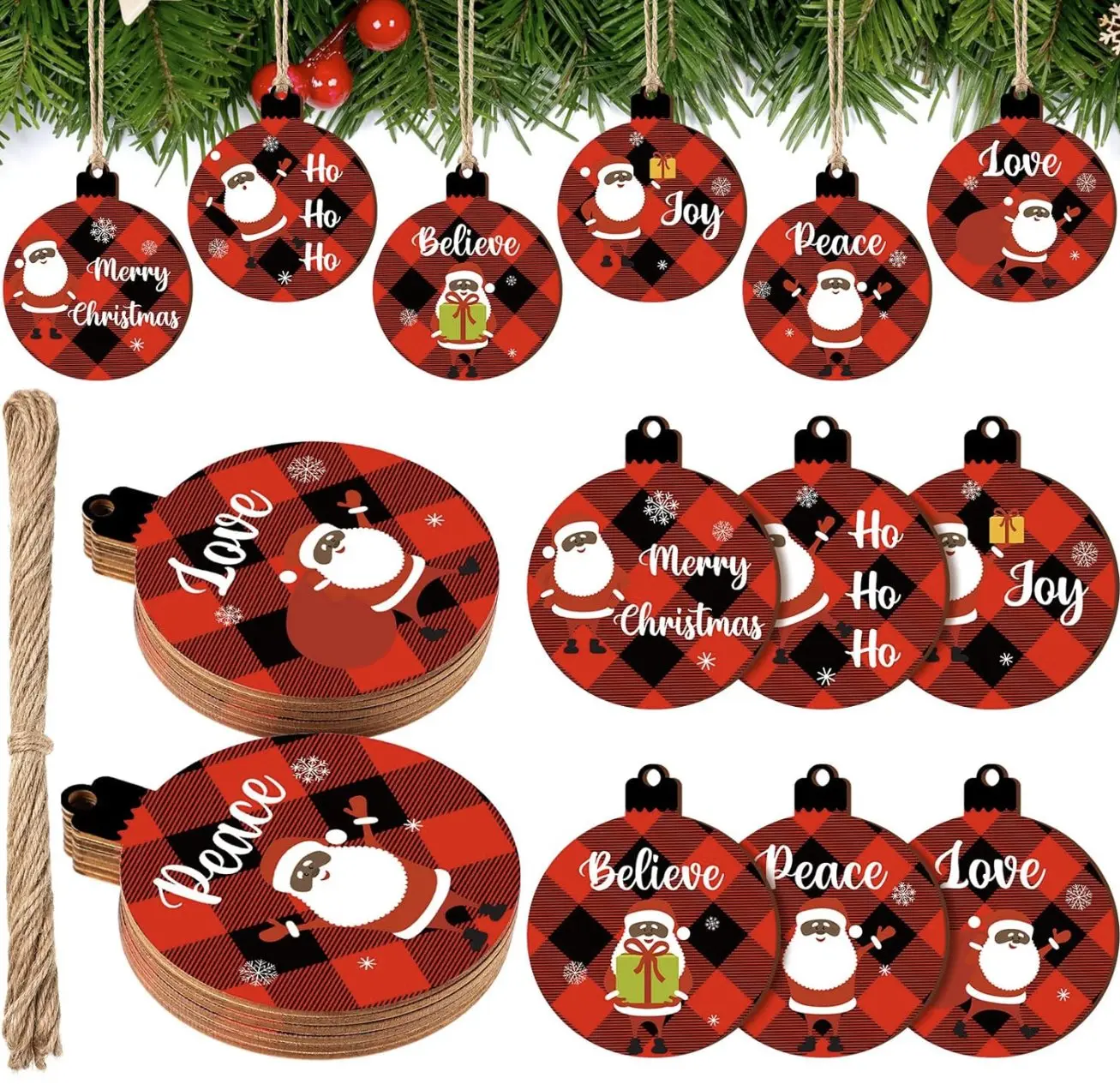 36 Pieces Black Santa African American Christmas Tree Wood Ornaments - Farmhouse Round Hanging Wishes Crafts - Buffalo Plaid Ornament for Holiday Party Wedding