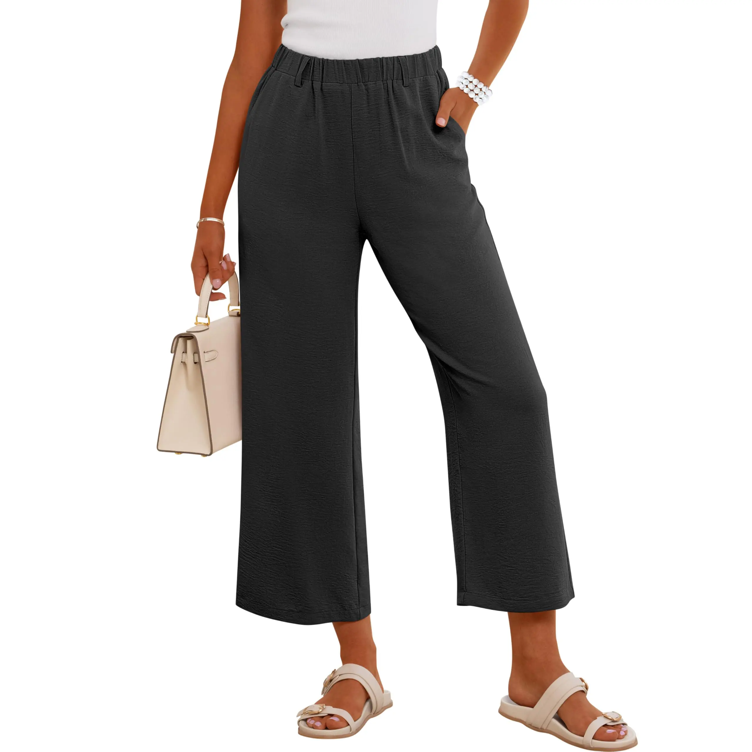 ANRABESS Wide Leg Pants for Women Summer Elastic Waist 2026 Casual Beach Vacation Cropped Palazzo Pants Trousers with Pocket