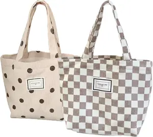2 count Corduroy Small Tote Bag for Women Cute Checkerboard Mini Tote Bag Preppy Aesthetic  Bags for Grocery, Essentials, Water Bottle,