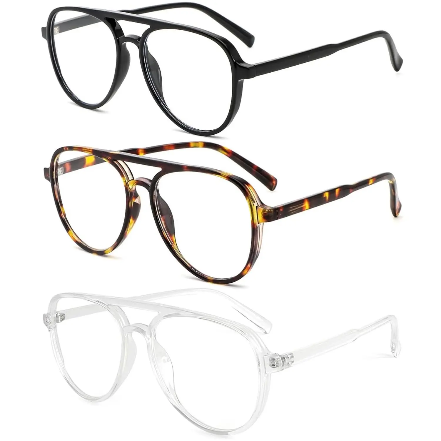 Oversized Aviator Reading Glasses 3-Pack Retro Style Double Bridge Blue Light Blocking Computer Readers for Women, Eye Strain Relief for Work