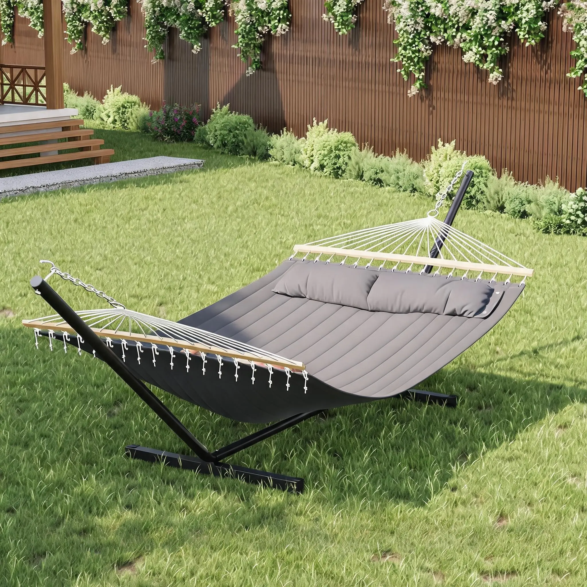 Double Hammock with Included Sturdy Stand - Free Standing, 450lbs Heavy Duty, Large Width, Tool-Free Setup, Cotton Quilted Fabric Portable Bed, Outdoor Lounger for Patio/Camping, 2 Adults, 1 Carry Bag, 1 Detachable Pillow