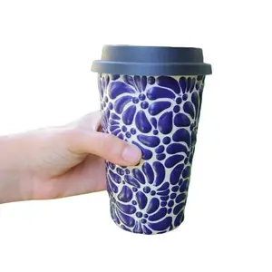 Talavera tumblers cup, Coffee thermal, Talavera Mug with silicon lid, Mexican Talavera thermal cup, Travel tumbler