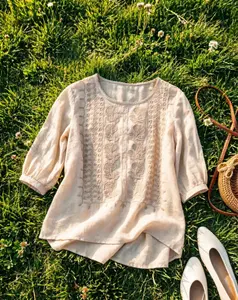 Women's Casual Vintage Blouse, Lightweight Summer Top with Intricate Embroidery, Breathable Cotton-Linen Blend, Loose Fit, Round Neck, Mid-Length Sleeves