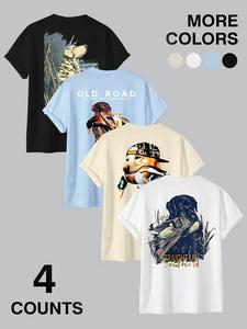 men's letter & bird print round neck tee, loose casual short sleeve t-shirt for summer, men's top for daily wear, tropical