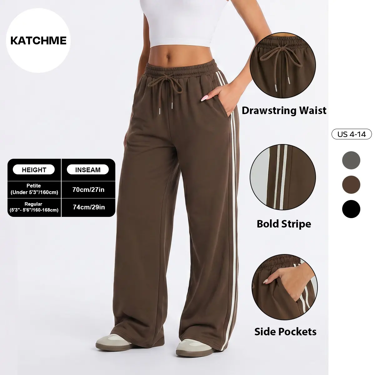 KatchMe Women's Casual High Waist Striped Wide Leg Trousers, Sporty Drawstring Waist Side Pocket Outfit, Minimalist Versatile Women's Bottom