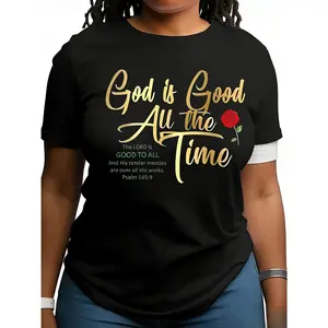 Unisex Women'S Plus Size Casual Crew Neck T-Shirt with "God is Good All the Time" Print, Elegant Alphabet Pattern, Polyester Knit Fabric, Medium Stretch, All Season Wear, 180g/m² - Black