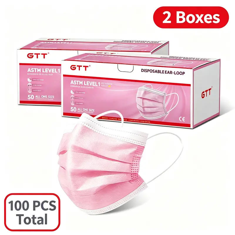 GTT 100-Pcs Non-Woven Latex-Free Pink 3-Ply Ear-Loop Face Covering Masks for Ladies, ASTM Level 1 & F2100-21 Certified, 1-Size Adults, Breathable Dust Covers with Dispenser Box for Beauty Salons, Grocery Shopping