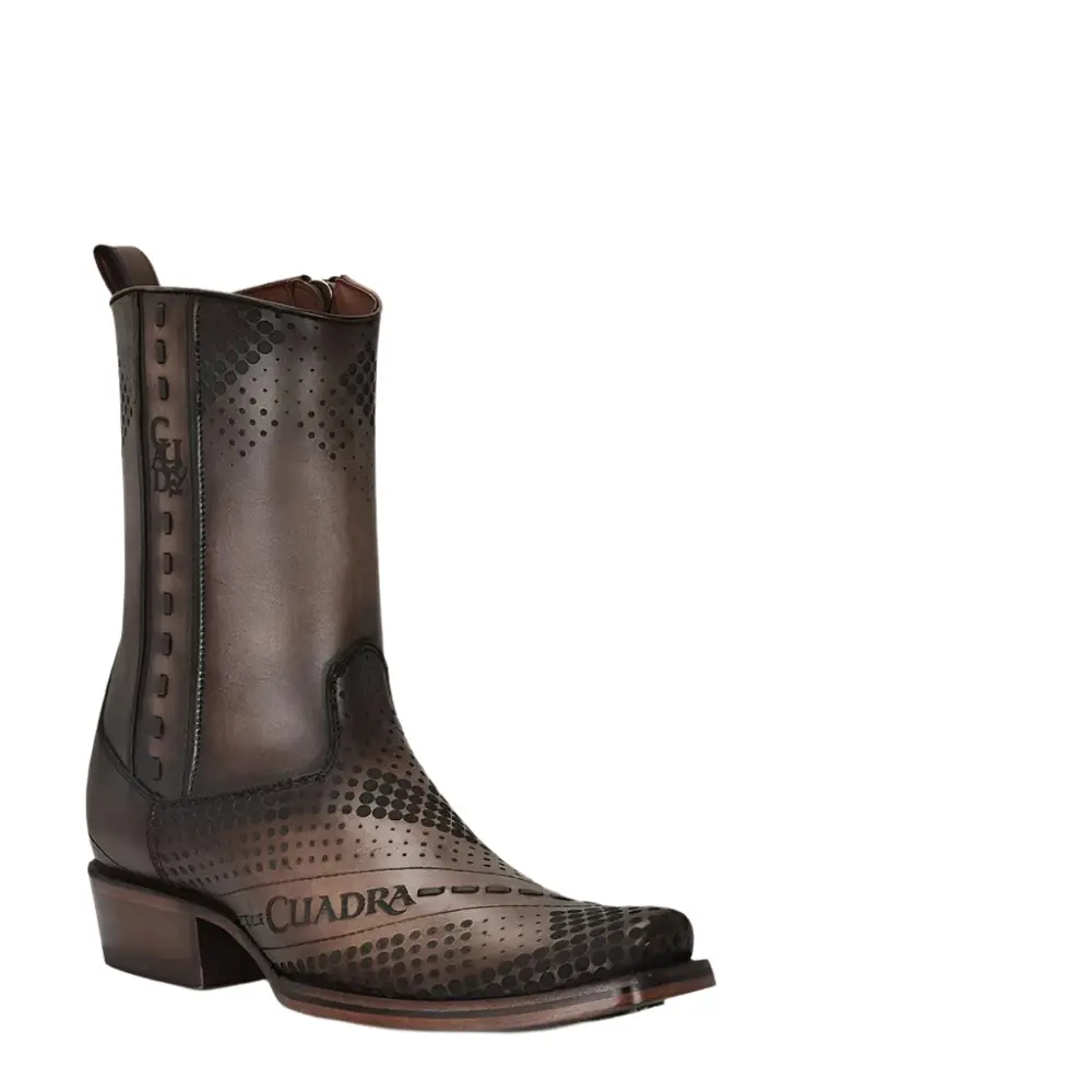 Cuadra Men's Geometric Engraved Honey Leather Cowboy Boots, Wide All Seasons Fit, Slip Resistant for Casual Outdoors & Party, Tpu Injected, Zip