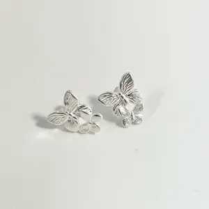 Sterling Silver 925 Two Butterflies Stud Earrings Insect Jewelry