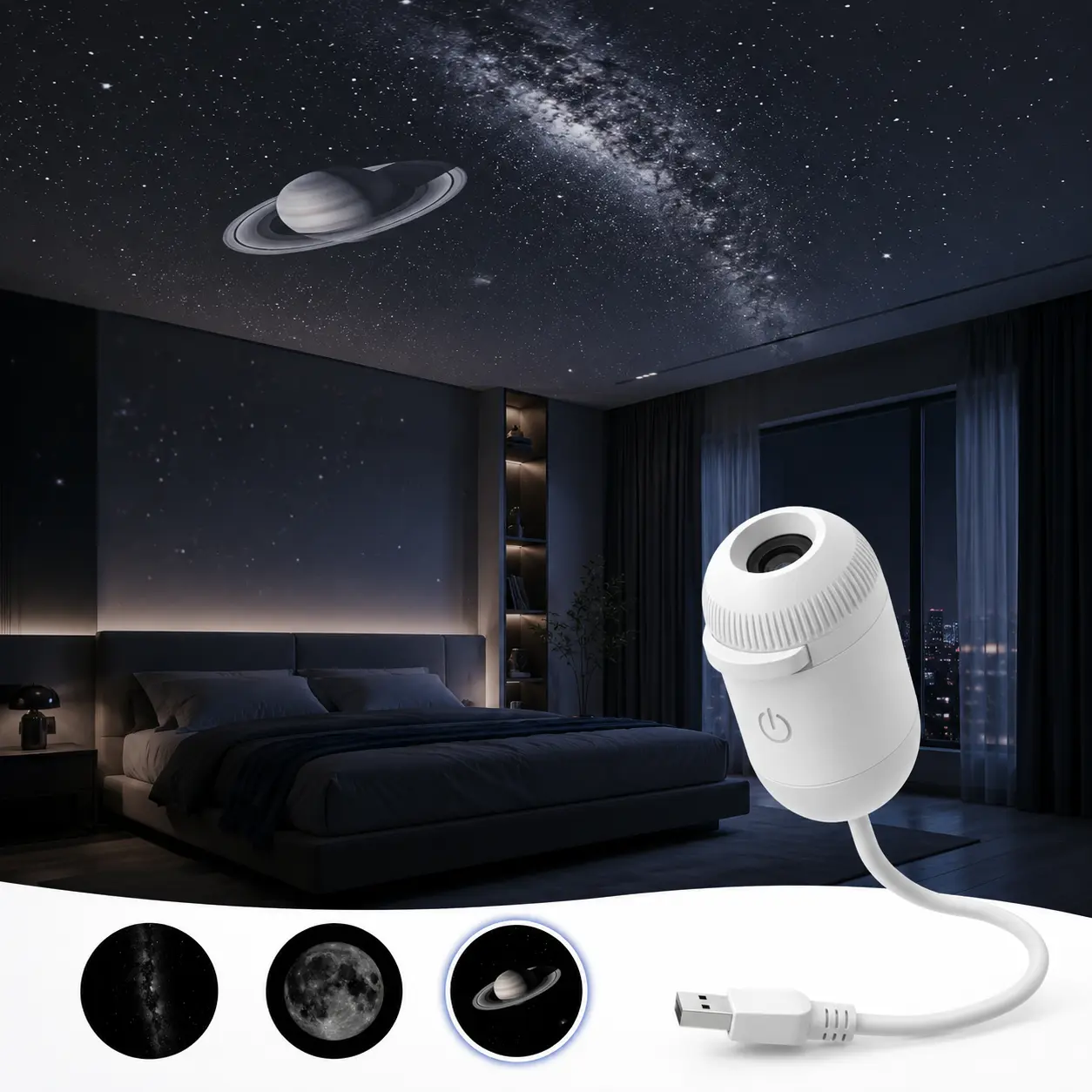 2-in-1 Galaxy Projector Night Light, USB-Powered Starry Sky Projector and Warm Night Lamp, Adjustable Focus and Brightness, Dual Lighting Modes with Replaceable Projection Slides for Bedroom Decor