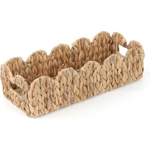 Wicker Scalloped Storage Basket Boho Bathroom Decor Baskets for Shelves, Countertop, Toilet , Rectangular Basket with Handle Farmhouse  Organizer (, 15.7"D x 6.6"W x 4.3"H)