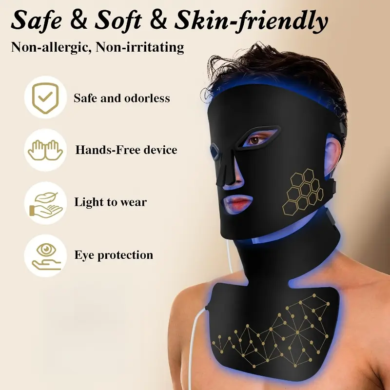 4-Color LED Light Relax Mask with Neck Strap - USB Rechargeable 2000mAh, Bendable Design for Face & Neck, Portable Light Beige Care Tool for Valentines Day & Festive Gifts, Stylish Beauty Accessory | Honeycomb Structure, Light Relax for Fac