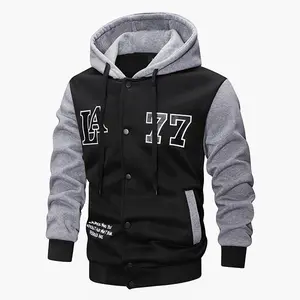 Men's Black & Gray "LA 77" Hooded Baseball Jacket - Button Details, Print Design, Trendy Layered Look (Suitable for Casual & Sporty Styles)