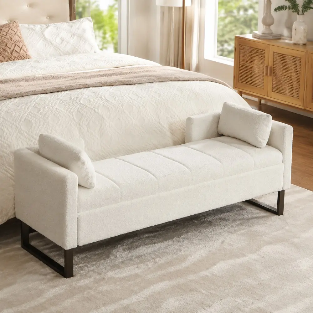 Littleox 63.98"Wide Upholstered Flip-top Storage Accent Bed Bench, Chenille Footrest Ottoman with Armrests&Backrest&2 Bolster Pillows Metal Legs for Living Room, End of Bed, Hallway, Entryway Bedroom. Ivory