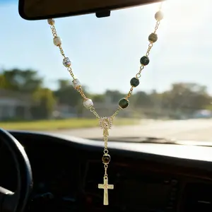 1 Elegant White Turquoise & Flower Green Stone Matching Color Virgin Mary Rosary Pendant with Vintage Cross - Metal Car Rearview Mirror Hanging Ornament, Perfect for Interior Decor, Interior Decoration | Elegant Pendant | Detailed Craftsmanship