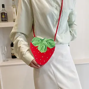 Elegant Strawberry Crossbody Bag for Women, Crochet Knitted Small Purse with Rhinestone Details for Daily Use and Travel