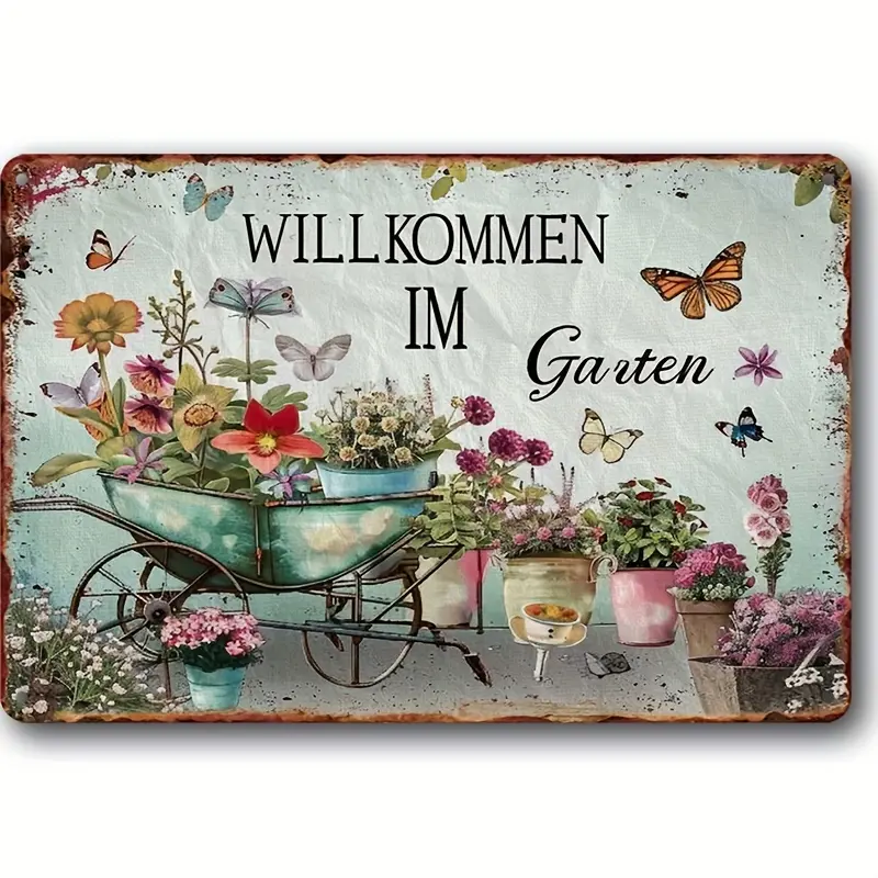 Retro "Welcome to the Garden" Metal Wall Decal - Country Garden Theme, featuring butterflies and flowers, perfect for homes, stores, bars, farmhouses, garden welcome signs, and garden decorations.