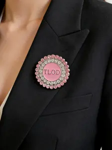 Women Fraternity Greek Sorority TLOD Crown Round Brooch Pink and White Rhinestone Letter Silver Alloy Pin