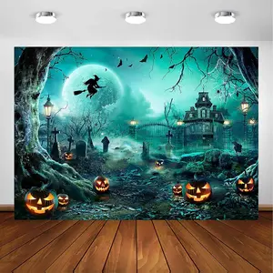 Halloween Photography Backdrop - Creepy Scary Night Design with Full Moon, Castle, Pumpkins, Witch, Bats, Cemetery, Elegant Realistic Wall Hanging Banner Tapestry for Party, Home Decor