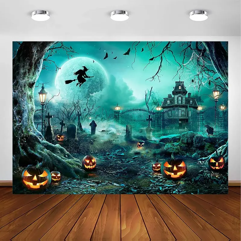 Halloween Photography Backdrop - Creepy Scary Night Design with Full Moon, Castle, Pumpkins, Witch, Bats, Cemetery - Realistic Wall Hanging Tapestry for Party, Home Decor