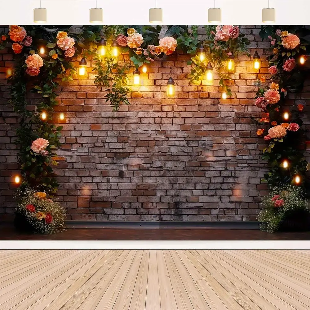 Reusable Polyester Floral Brick Wall Photography Backdrop Banner - Party Backdrop Decoration, Wedding Room Decor Banner, Non-Electric Veil for Celebrations