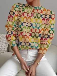 Women's Colorful Geometric Pattern Stand Collar Sweater, Fall Winter Casual Long Sleeve Knitwear, Comfortable Warm Daily Wear