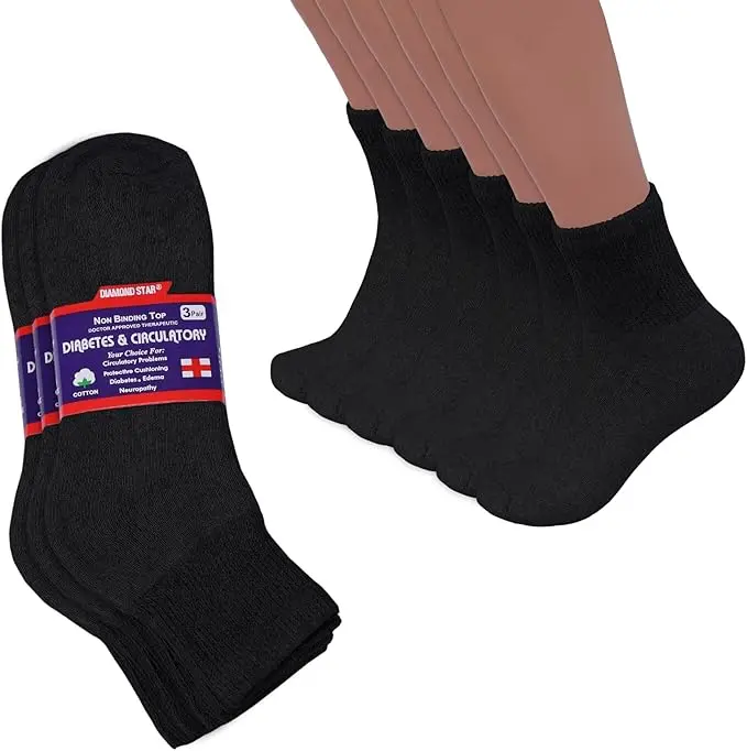 DIAMOND STAR Knit Diabetic Ankle Socks - Doctor Approved, Non-Binding, Soft, Cushioned Cotton Quarter Socks with Great Fit for Men & Women, 12-Pack, Black, Size 13-15, Loose Design, Polyester