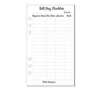 A5 Planner Bill Pay Checklist, Filofax A5 Planner Inserts, Carpe Diem A5 Inserts, Pre-punched A5 Planner Bill Pay Checklist, A5 Planner Budget Planner Inserts