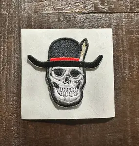 Cowboy Skull Embroidered Hat Patch - Black Design with Red Strap and Skull Detail, Classic Patch for Personalization