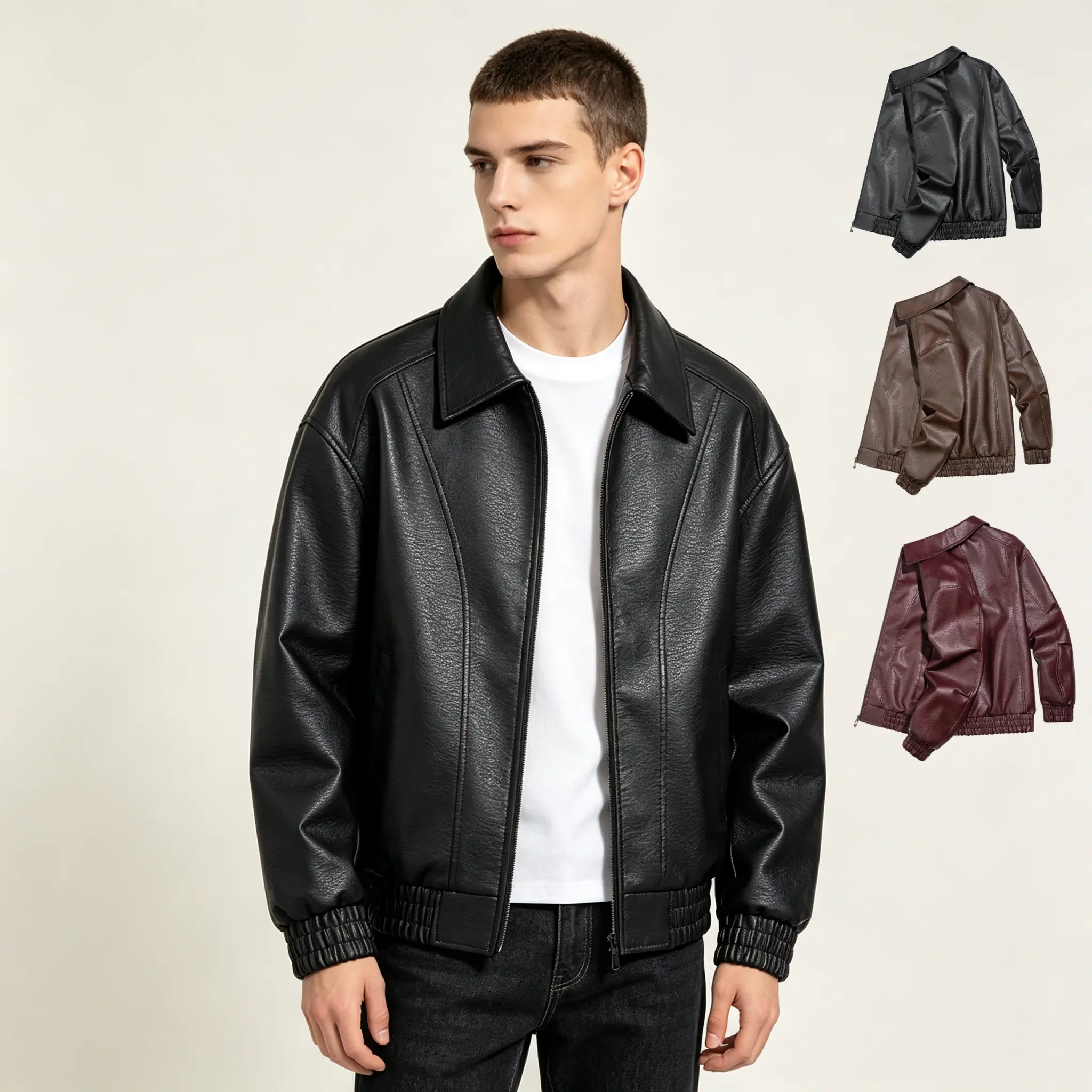Men's Oversized Faux Leather Bomber Jacket - Vintage Lapel Collar, Zip-Up Biker Style, Retro Loose Fit Streetwear for Fall Winter Casual Outerwear