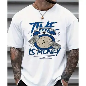Retro 'Time Is Money' Graphic T-Shirt, Vintage Motivational Quote Print 100% Cotton Round Neck Soft Crew Neck Tee, Unisex Short Sleeve Summer Casual Streetwear Top, Trendy Basic Shirt for Men and Everyday Casual Wear Enthusiasts