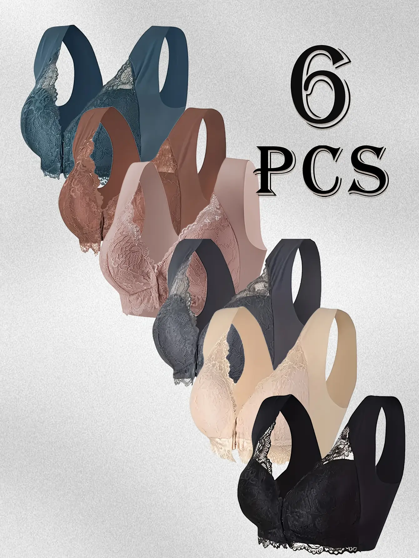 6 Pcs Women's Plus Size Lingerie & Womenswear - Wireless Push-Up Bralettes (Front Hook, Pullover Styles), Soft Breathable Fabric, V-Neck, Comfortable Everyday Undergarment bra pack lace