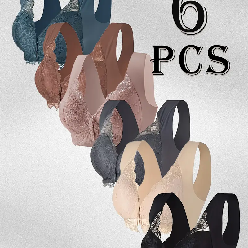 6 Pcs Women's Plus Size Lingerie & Womenswear - Wireless Push-Up Bralettes (Front Hook, Pullover Styles), Soft Breathable Fabric, V-Neck, Comfortable Everyday Undergarment bra pack lace supportive, Front Closure unlined bras