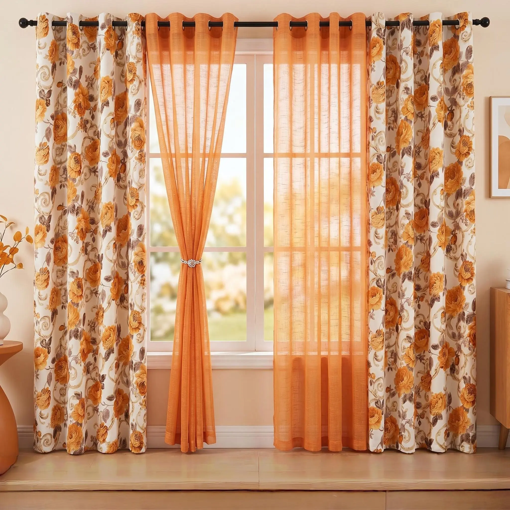 4 PANELS 54“x84” Combination Grommets Curtains Including: 2 Panels Metallic Printed Full Blackout Curtains & 2 Panels Bamboo Yarn Semi Sheer Curtains  Room Bathroom Grommet QF261 L12 Summer gift #SummerVibes blacking apartment living Holiday Scene bedroom