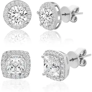 Lesa Michele 925 Sterling Silver Cushion & Round Shapped Cubic Zirconia Halo Stud Earrings for Women 2 Pair Earring Set cartilage stud earring Trendy Sterling Silver Stud Earrings Set vertical  helix  earring day gift accessory wedding valentine daily cos
