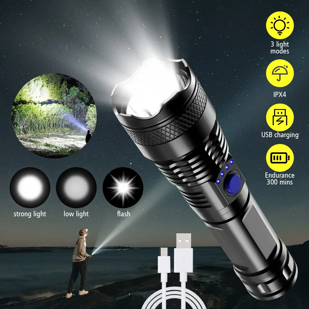 12000LM LED Flashlight Tactical Light Super Bright Torch USB Rechargeable Lamp, 3 Modes, Waterproof, suitable for Home, Emergency, Outdoor