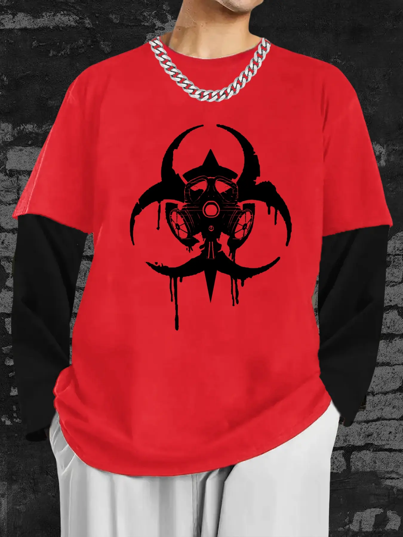 Biohazard Element Geometric Loose Long Sleeve Round Neck T-Shirt, Fashion Streetwear Casual Style, Comfortable Trendy Top Gift